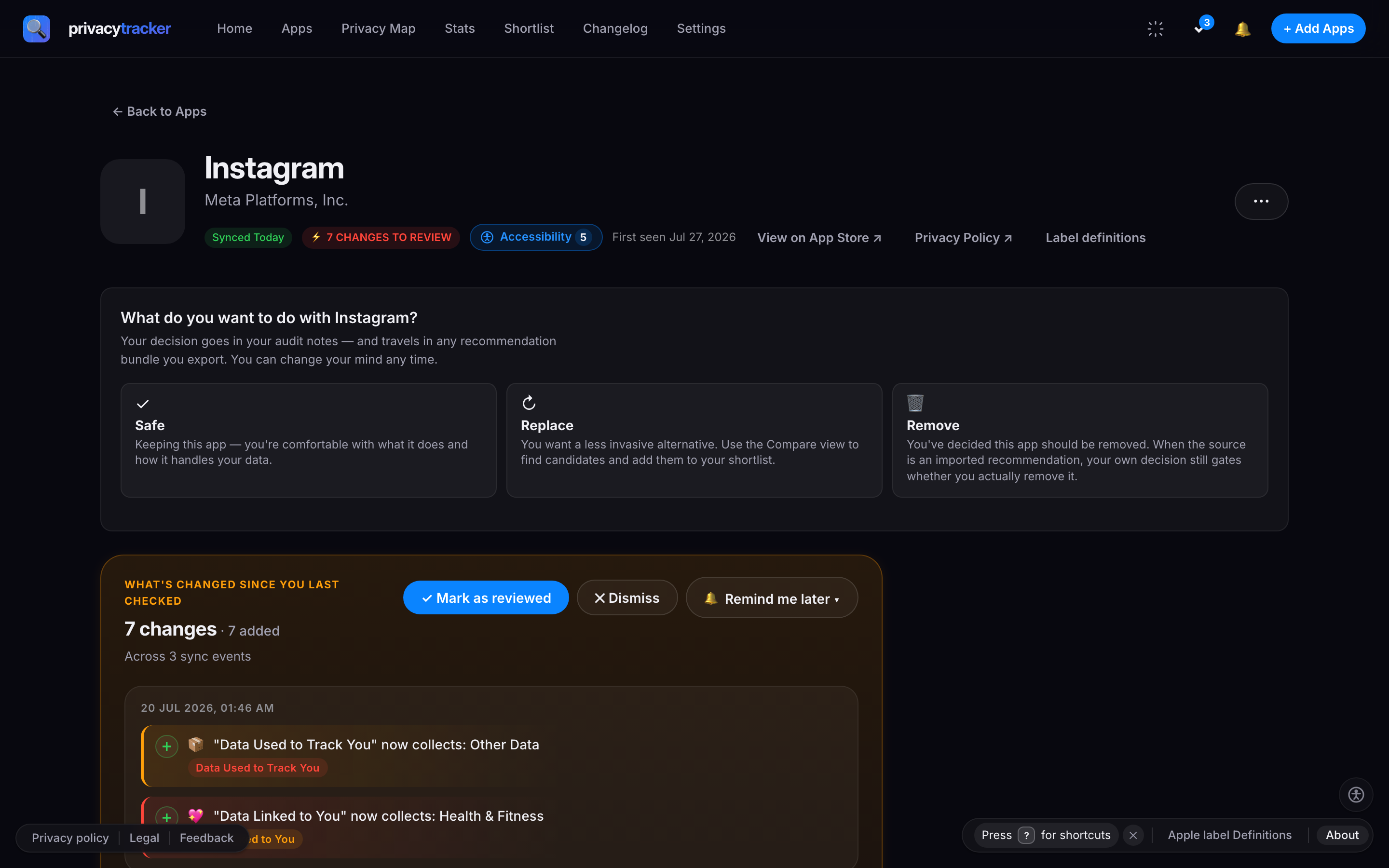 App detail change timeline
