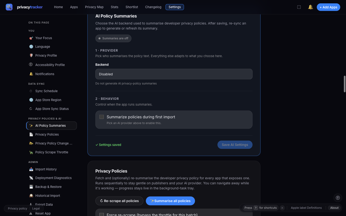 AI provider settings